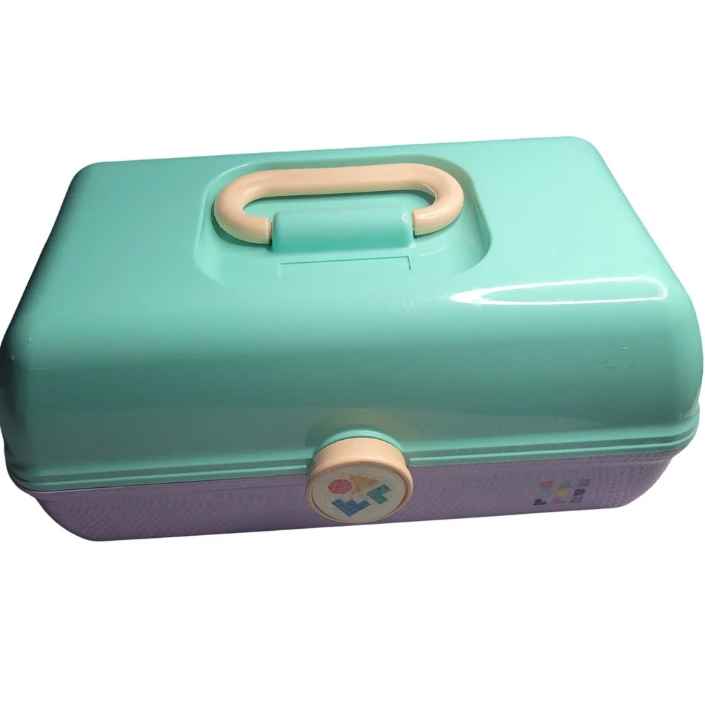 Vintage Caboodles Makeup Case Organizer Teal Lavender Pastel Mirror Storage Box